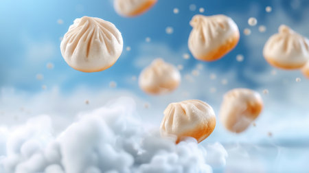 A whimsical scene depicting dumplings floating gracefully in a bright sky filled with fluffy clouds, capturing a playful culinary moment perfect for food enthusiasts and creative chefs.の素材