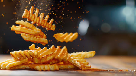 A captivating image of crinkle cut French fries falling onto a wooden table, perfectly seasoned and highlighting their crispy texture, ideal for food-related projects.の素材