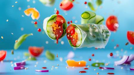 Colorful ingredients, including fresh vegetables and herbs, float creatively against a blue background, showcasing the essence of healthy cuisine and vibrant flavors for culinary inspiration.の素材