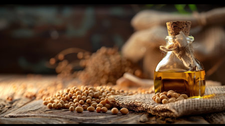 A beautifully arranged glass bottle filled with oil sits on a rustic wooden surface next to spilled seeds, evoking a sense of natural beauty and culinary inspiration.の素材