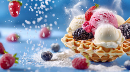 A captivating ice cream sundae featuring vibrant scoops of flavors, fresh berries, and a dusting of sugar powder, ideal for summer dessert presentations and food photography.の素材