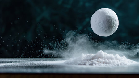 A mesmerizing macro image showcases a white sphere of sugar hovering above a pile of granular sugar. Steam and fine powder create a dramatic atmosphere against a dark background.の素材