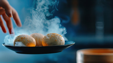A close-up of steamed dumplings emitting wisps of smoke, set on a black plate. A hand reaches for the delicate dish, emphasizing cultural cuisine and culinary experience.の素材