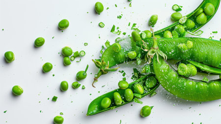 Explore the vibrant texture and color of fresh green peas and sugar snap peas paired with chopped herbs on a clean white background, perfect for culinary inspiration.の素材