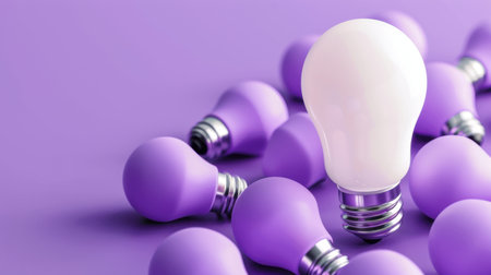 Unique white bulb stands out among purple bulbs on a soft violet background, symbolizing creativity and innovation in design and concept themes. Perfect for artistic projects.の素材