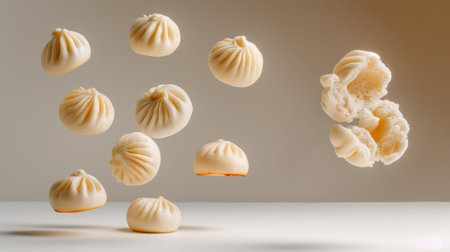Delightful scene of dumplings suspended in mid-air, capturing the soft texture and culinary charm, ideal for food enthusiasts and photographers seeking vibrant imagery.の素材
