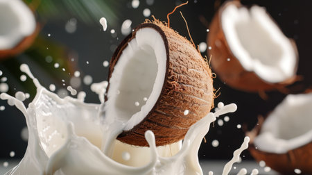 A stunning close-up of a coconut half splashing into milk, showcasing vibrant droplets in motion, perfect for representing freshness, tropical flavors, and healthy living.の素材