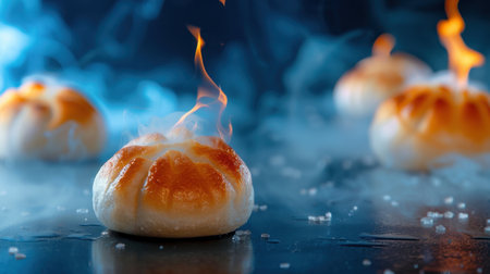 This stunning image showcases a mesmerizing display of steamed buns, enhanced by dancing flames and wisps of smoke, creating a captivating culinary visual experience.の素材