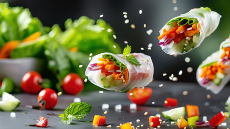 Culinary delight featuring vibrant spring rolls filled with fresh vegetables and herbs, perfect for healthy meals or snacks in a bright and inviting setting.の素材