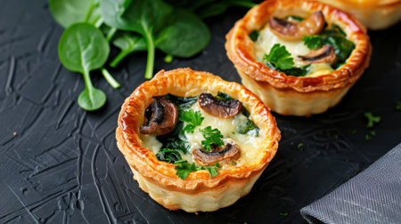 Indulge in these delicious quiche cups filled with spinach, mushrooms, and cheese, garnished with fresh herbs, perfect for appetizers or a delightful snack option.の素材