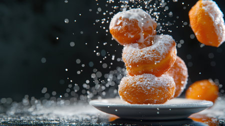 A visually striking image of fluffy donuts coated in powdered sugar, creatively stacked and set against a dark background, perfect for food-related themes and dessert imagery.の素材