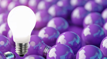 A bright light bulb radiates against a backdrop of vibrant purple marbles, symbolizing creativity and innovation in a captivating modern artistic concept for design projects.の素材