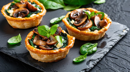 An enticing image of a mushroom tart filled with spinach, elegantly presented on a slate plate. Garnished with fresh basil, this dish is perfect for culinary enthusiasts.の素材