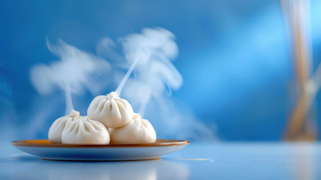 A close-up of freshly steamed dumplings on a white plate, surrounded by delicate steam, set against a blue background, perfect for food-themed projects.の素材