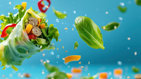 A dynamic image showcasing a fresh salad roll bursting with colorful ingredients. The vibrant greens and vegetables create a visually appealing composition against a soft blue background.の素材