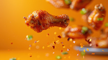 A mouth-watering view of a crispy spicy chicken wing suspended over a bright orange background, garnished with colorful seasoning, creating a dynamic food scene.の素材