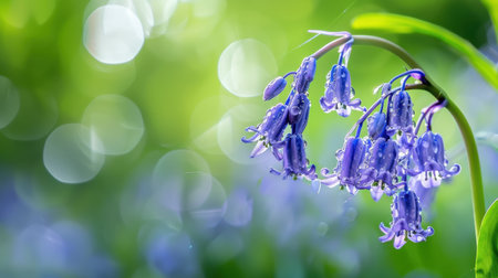 A beautiful close-up of delicate purple bluebell flowers surrounded by a soft green background, creating a serene and tranquil springtime atmosphere.の素材