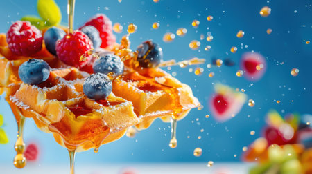 A captivating image of a delectable waffle drizzled with honey, surrounded by fresh berries, showcasing vibrant colors and enticing textures perfect for food lovers.の素材