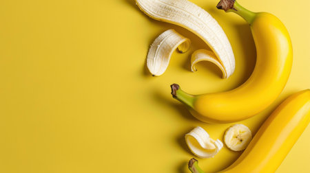 This vibrant composition features fresh yellow bananas alongside peeled segments and slices on a bright yellow backdrop, perfect for healthy eating themes.の素材