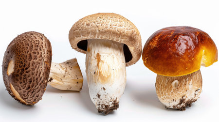 This close-up image highlights a trio of freshly harvested mushrooms, showcasing their unique textures and colors. Ideal for culinary use, food blogs, and natural product marketing.の素材
