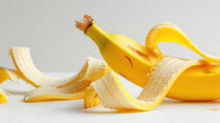A vibrant yellow banana sits on a clean white surface, showcasing its smooth peel and inviting texture. This image captures the essence of healthy snacking.の素材