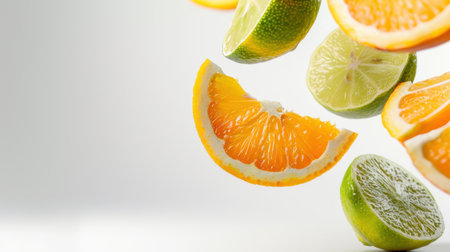 This captivating image showcases fresh citrus fruits including oranges, limes, and lemons suspended gracefully in mid-air against a bright background, symbolizing freshness and vitality.の素材