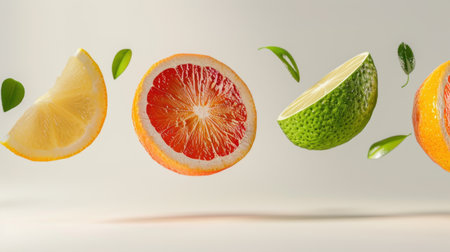 This captivating image features fresh citrus fruits elegantly floating in mid-air. The vibrant slices of lemon, lime, and blood orange are accented by delicate green leaves, creating an appealing visual for culinary and health themes. Perfect for summer promotions or recipes focused on freshness and nutrition.の素材