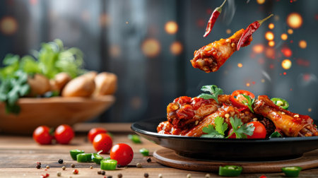 A tantalizing dish featuring spicy chicken wings garnished with fresh cilantro and vibrant vegetables, set against a rustic wooden table.の素材
