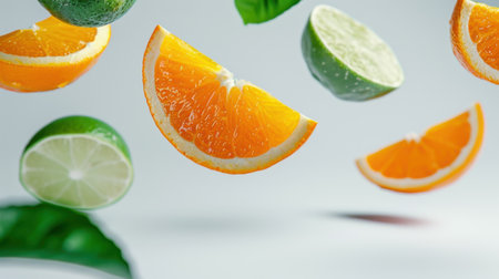 This captivating image features floating slices of orange and lime, complemented by green leaves against a clean background, symbolizing freshness and vitality.の素材