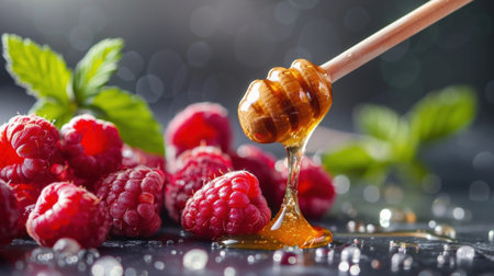 A visually captivating image of fresh raspberries drizzled with golden honey and garnished with mint leaves, set against a blurred background, symbolizing sweetness and freshness.の素材