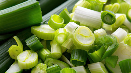 A close-up view of freshly chopped green vegetables showcasing vibrant colors and textures, ideal for promoting healthy cooking and delicious recipes.の素材