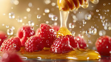 This stunning image features fresh raspberries drizzled with golden honey, surrounded by sparkling water droplets. Perfect for showcasing healthy desserts or recipes.の素材