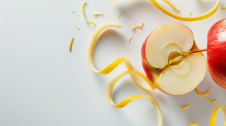 A vibrant and enticing image showcasing a freshly cut red apple with a peel and slice on a clean white background, perfect for food and health themes.の素材