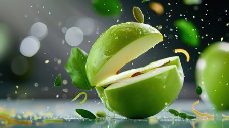 A vibrant green apple sliced in half, showcasing fresh flesh and water droplets, surrounded by green leaves and a blurred dark background, symbolizing health.の素材