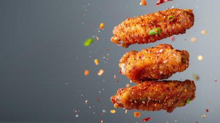 A stunning image of crispy chicken wings adorned with vibrant spices and herbs, floating against a soft gray backdrop, perfect for culinary advertising.の素材