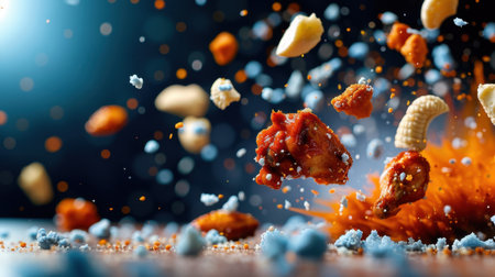A captivating image showcasing an explosion of fried chicken pieces and various snacks, set against a dark background. The vibrant colors and dynamic movement create an engaging visual experience, perfect for food-related content.の素材