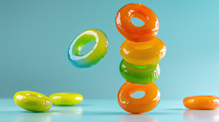 A captivating image of vibrant pool rings stacked against a bright blue background. The colorful floaters create a sense of fun and summertime leisure, perfect for vacation or pool party themes.の素材