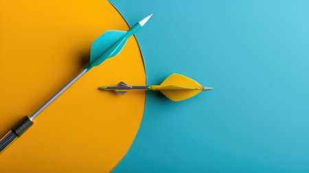 This vibrant image showcases colorful arrows on a striking blue and yellow background, symbolizing focus and achievement in marketing and business themes.の素材