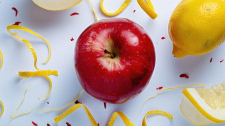 A visually appealing image featuring a fresh red apple at the center, accompanied by lemon slices and citrus peels, perfect for promoting healthy eating and vibrant cuisine.の素材