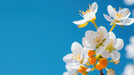 This stunning image showcases beautiful white flowers blooming against a clear blue sky, capturing the essence of spring's vibrant beauty and freshness.の素材