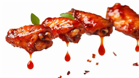 Savor the mouthwatering sight of spicy chicken wings coated in tangy sauce, garnished with fresh herbs. Perfect for gatherings or dining occasions.の素材