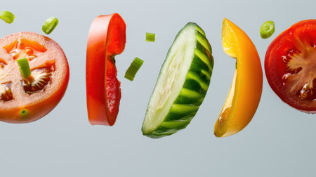 Vibrant sliced vegetables arranged neatly on a light grey background, perfect for showcasing healthy ingredients for fresh salads or meals.の素材