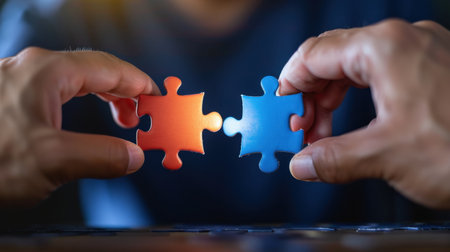 Two hands connect a red and blue puzzle piece, representing the importance of collaboration and critical thinking in both personal and professional contexts.の素材