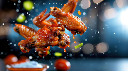 An eye-catching image capturing crispy chicken wings covered in a spicy sauce, dramatically suspended in air with vibrant ingredients, perfect for food enthusiasts.の素材