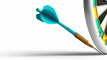 A vibrant dart in blue color hovers near a bright dartboard, illustrating precision and focus, perfect for sports and leisure-themed projects.の素材