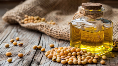 A beautiful glass bottle filled with golden cooking oil sits next to scattered soybeans on a rustic wooden table. The earthy tones and natural textures create an inviting culinary scene ideal for healthy cooking inspiration.の素材
