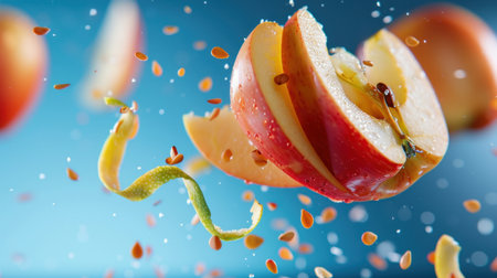 A stunning close-up of freshly cut apple slices floating in mid-air, showcasing juicy droplets and colorful seeds. Perfect for culinary and health visuals.の素材