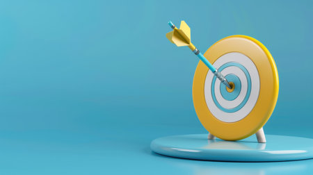 A vibrant target with an arrow perfectly hitting the bullseye, symbolizing achievement and success, set against a calm blue background in a minimalist design.の素材