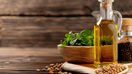 A vibrant cooking oil bottle stands on a rustic wooden table, surrounded by fresh herbs and spices in natural containers, ideal for culinary creations.の素材