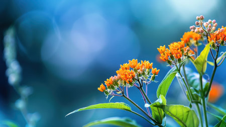 A stunning close-up of vibrant orange flowers with green leaves set against a soft blue background, showcasing the beauty of nature and tranquility.の素材